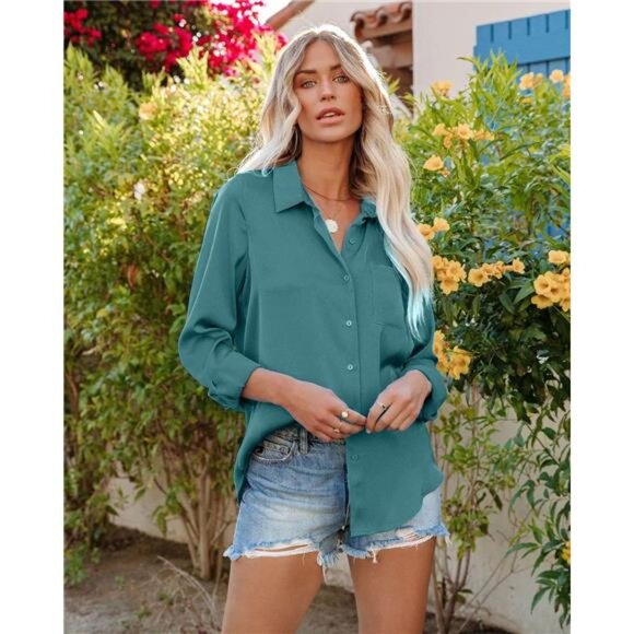 Tops - Satin Button Down Shirts for Women Green4
